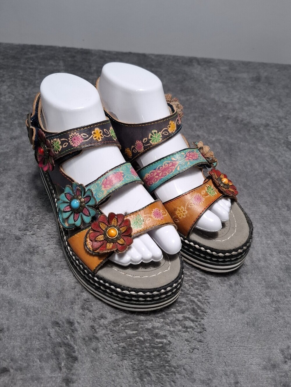 L'ATISTE Spring Step Multicolor Floral Leather Slingback Sandals Hand Painted 38